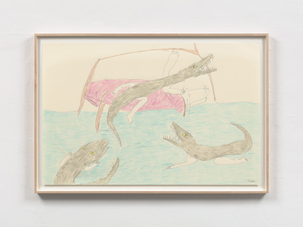 A landscape drawing of 3 sexy scary hybrid human alligators with woman legs and arms, long femme eyelashes, with dark shadowy green alligator bodies with yellow eyes and wide open mouths with sharp fangs. The setting is in my childhood bedroom in Louisiana, with blueish green water rising up around my bed. Two alligatorgirls are swimming and thrashing  their long tails in the water below, while the third is climbing   up onto the bed, that is kind of breaking under her weight. The mattress has pink blankets, which are  trailing onto the floor.