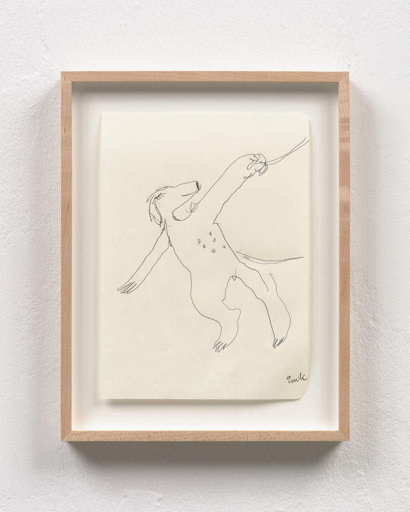 A simple black and white line drawing of London, a Labrador Retriever standing up on her hind legs, with human arms and hands. She holds onto a dog leash, which extends out beyond the top left corner of the drawing, she is looking up towards the leash with her eyes closed in a serene smile. Her other arm is out at her side. She looks like she is skipping, propeling her body towards the right side of the page, pulling the leash along with her.