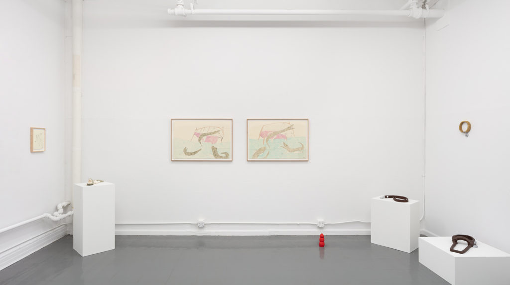 An installation view showing two Alligatorgirl drawings side-by-side and four ceramic sculptures of dog gear and toys - displayed on pedestals, the wall, and the floor.