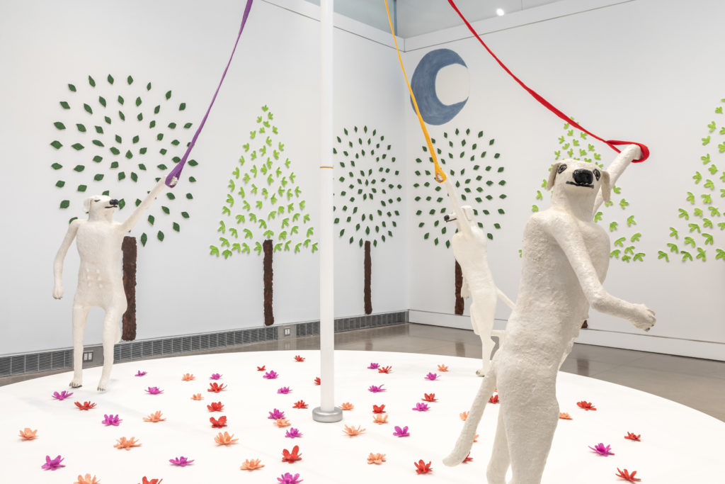 Install shot of White Cane Maypole Dance 3 Londons and Moon