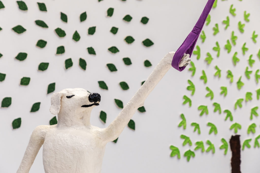 Install shot White cane maypole dance Purple leash London profile + 2 trees horizontal of body up