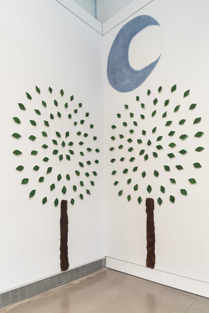 Install shot White Cane Maypole Southeast corner two green trees + moon