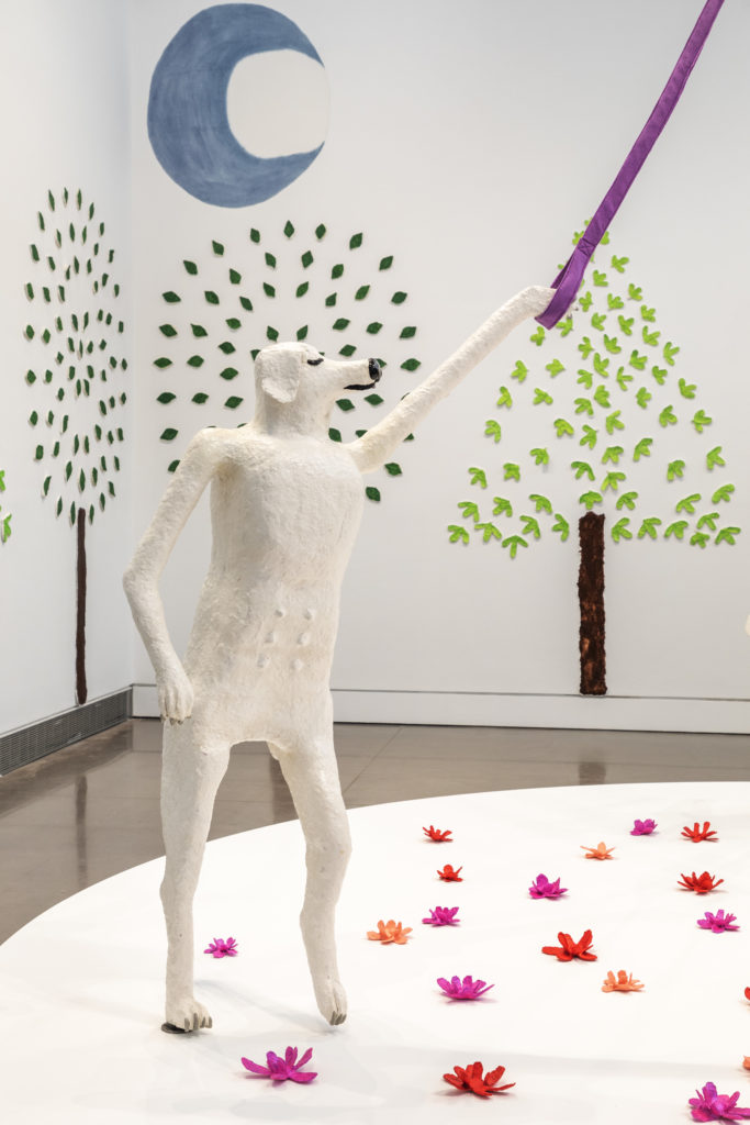 Install shot White Cane Maypole Dance Purple leash London in profile + 1 east tree+ 2 south trees+ moon+ flowers_full length