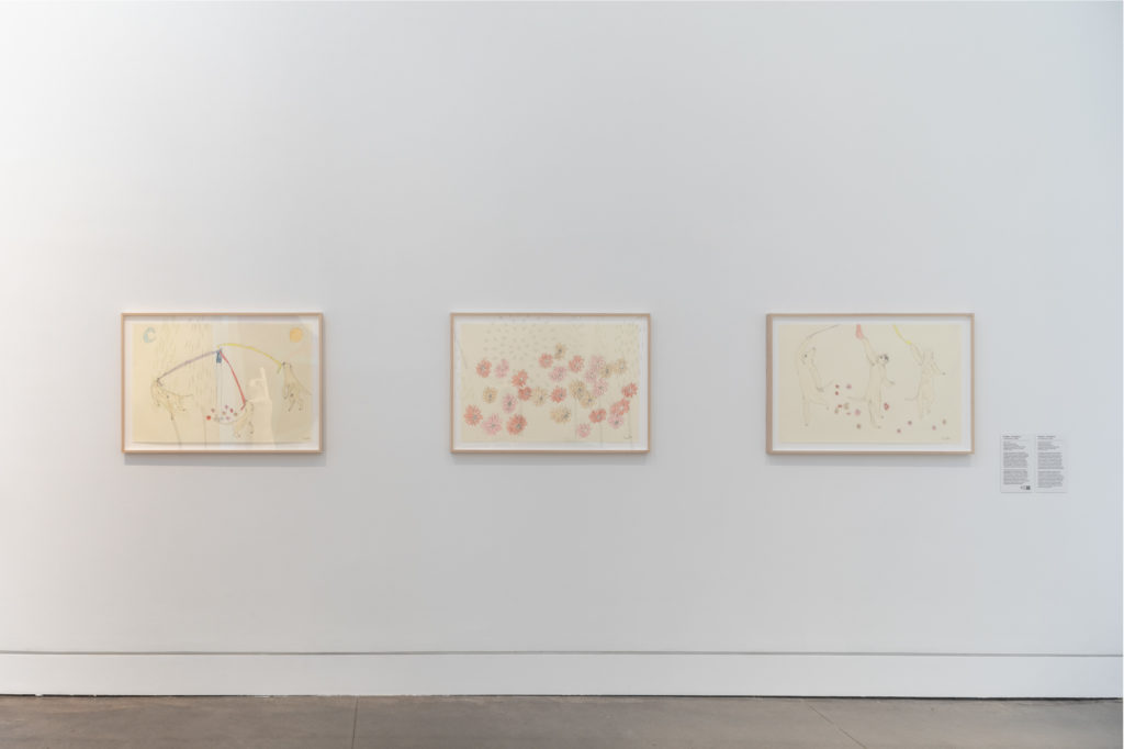 Install shot of 3 drawings Dancing, Again Flowers for London, Londons Dancing with Flowers