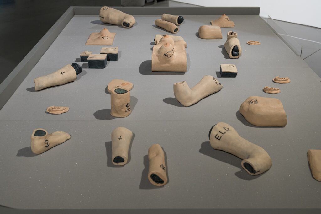 "E.L.G. Familial Archives” is an installation consisting of 28 different painted ceramic sculptures made to resemble various body parts. Each piece has a tattoo cut into its surface that has been filled with black colored expanding foam. The interiors of each sculpture have also been filled with the same expanding foam. In this installation shot, all 28 pieces are visible, scattered across the top of a large table that has been covered with grey foam.