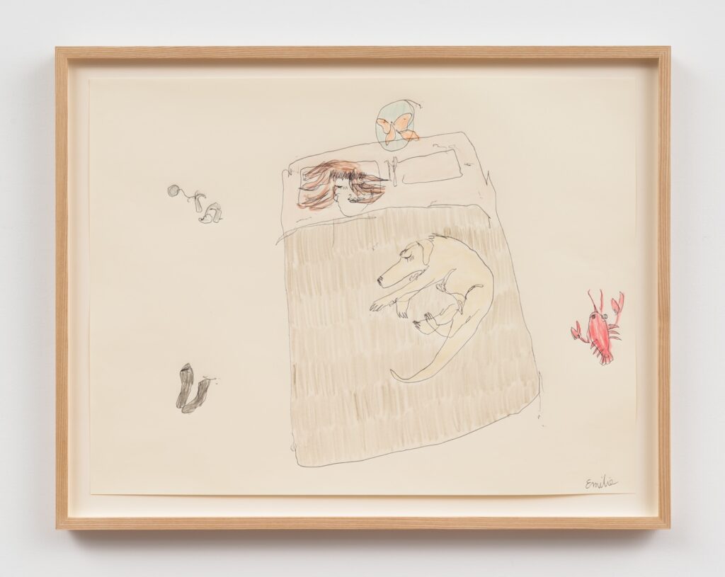 "At Night in Bed with Butterfly" is a colored crayon drawing on white paper in a light wood frame. The drawing shows Emilie and London, a golden English Labrador Retriever, asleep in bed together. Emilie is under the covers, with only her head visible. London is on top of the brown comforter to her left. There are various objects scattered around the edge of the bed. From the top, in a clockwise circle, an orange butterfly with a blue aura floats at the head of the bed. To the right, there is a bright red lobster. To the bottom left, there are a pair of black socks. And to the top right, there is a cochlear implant device and hearing aid, both are silver.