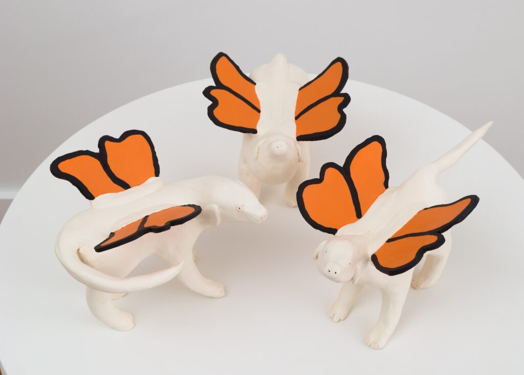 This overhead view of “Butterflydogs” shows that one of the dogs has her eyes closed while another stares straight up at the camera. The large size of the butterfly wings is much more apparent from this vantage point.