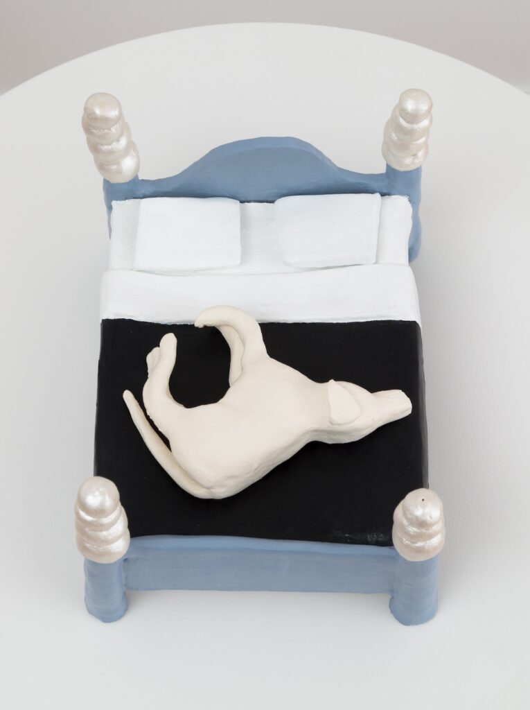 In this view of "Moon Bed" from above, the English Labrador Retriever's resting form is in a perfect profile view, highlighted by the contrast between its off-white fur and the dark, midnight blue of the blanket.