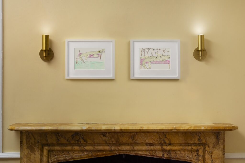In this image are two landscape drawings in white wooden frames hanging on a light yellow wall. The first drawing on the left is called, “Alligatorgirl on Bed”, in which a hybrid woman alligator crouches on all fours on top of a bed with pink bed linens. She looks menacing and triumphant. The second drawing on the right, is called, “Settle Down My Desire, Settle Down”. Here, Alligatorgirl is lying on her back in bed. On her torso, are two little pink nipples, and er arms are crossed over her stomach. Her head is thrown back against the head board, and looks as though she is in ecstasy.