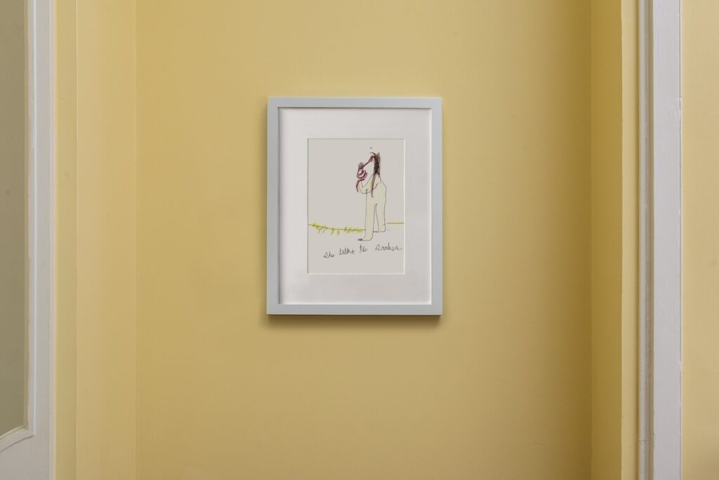 “She Talks to Snakes”In this image, is a vertical drawing in a white wooden frame, hanging on a light yellow wall, called, “She Talks to Snakes”. A minimalist line drawing of a woman with long hair down her back standing facing away from the viewer. She holds up her right hand in front of her, and coiling down her arm is a dark red snake. At the bottom of the drawing, are the words “she talks to snakes”.