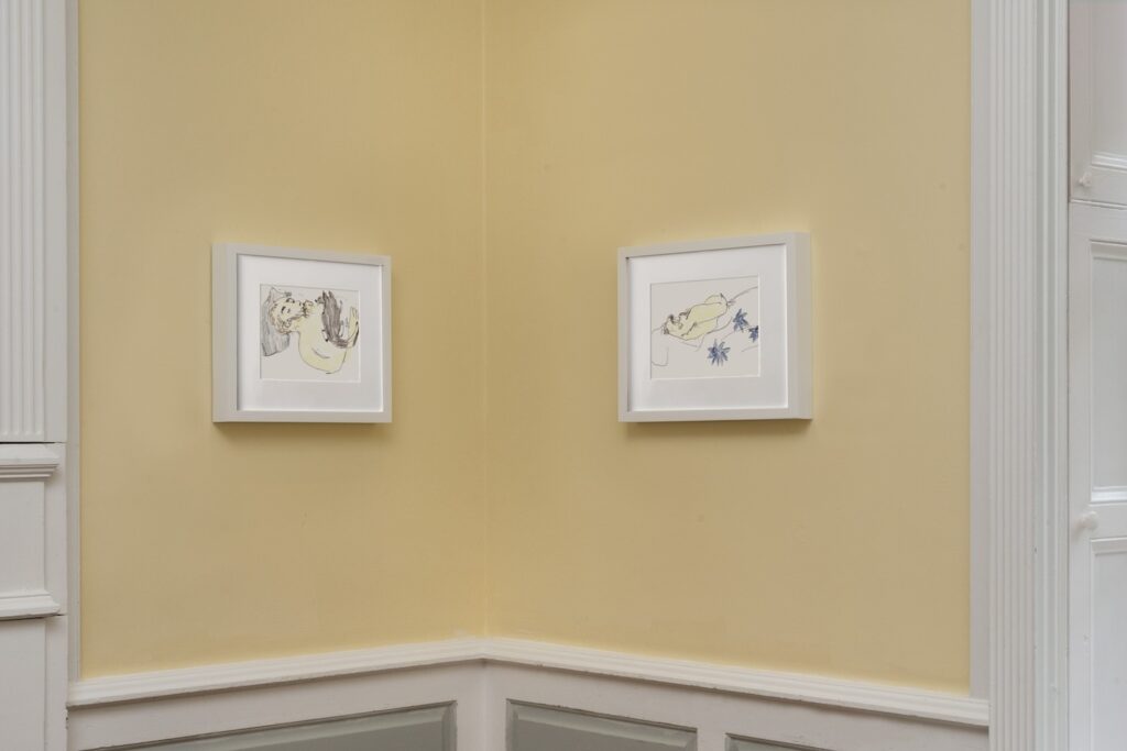 In this image, there are two landscape drawings in white wooden frames hanging on a light yellow wall. The drawing on the left, is called “Kirby with Momo”, a drawing of Kirby in bed with a black tuxedo cat named, Momo, who is resting on Kirby’s belly. On the right, is “Kirby’s back with Blue Bedspread”. Here, Kirby is turned away from the viewer, with his back facing us. He is underneath a blue floral duvet.