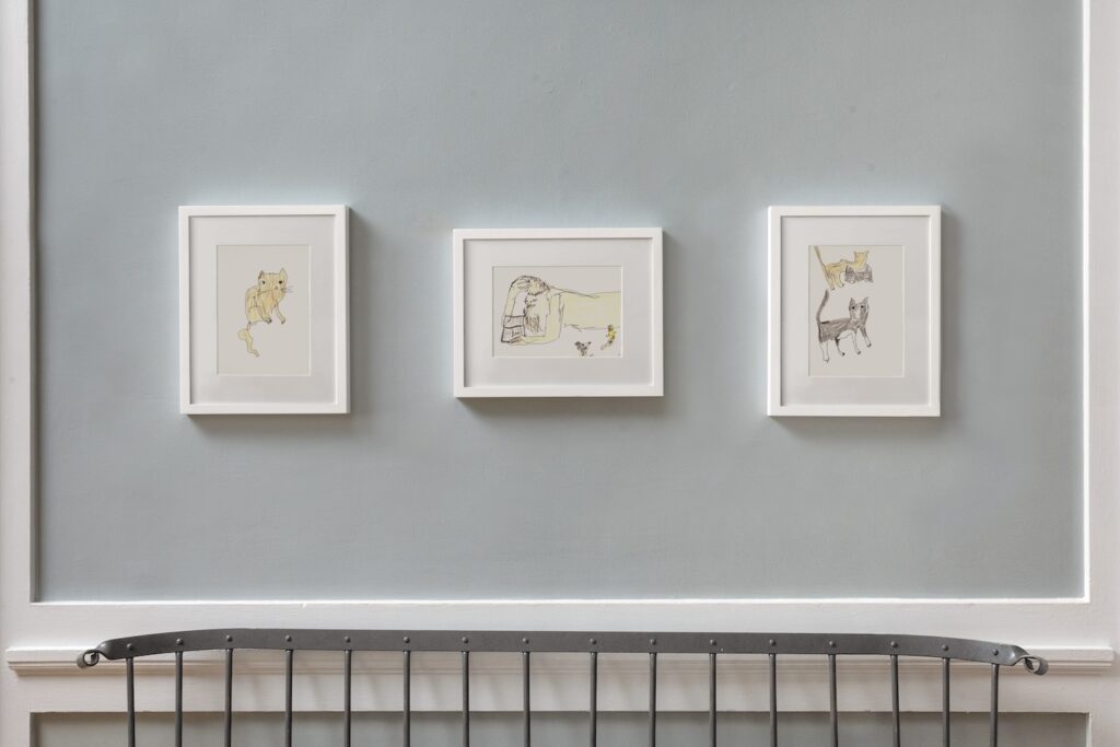 In this image, 3 landscape drawings in white wooden frames hang on a blue wall. The first drawing on the left, is called, “Willa”, which is a close up drawing of Willa the cat’s face. She is a funny looking tortoise shell cat with a wide face and a smooshy pink nose. The second drawing in the center, is called, “ “Kirby in Bed with Hedgehog and Chick Fighting Over Worm”. Kirby is sitting in bed, looking down and reading a book with his head resting in his right hand. He has a big bushy brown beard and thick eyebrows. Most of his body is covered by a blue, floral duvet. On top of the duvet cover, on the right side of the drawing, is a little fuzzy brown hedgehog, facing right towards a small, yellow chick with pink talons. On the bed between them, is a squiggly pink worm. This drawing is based off a dream. And the third drawing on the right, is called “Momo, Yoko, and Willa III”, which is a drawing of 3 cats. Momo is a small black tuxedo cat with white paws that look like little slippers. To Momo’s right, is his sister, Yoko, who is also a black tuxedo cat. And Willa, is a tortoise shell cat with gray, tan, and brown speckles. “Humming Bird Tongue”; “Dream of Peace Lily”; “London Sniffs Cherry Blossoms” In this image, 3 landscape drawings in white wooden frames hang on a blue wall. The first drawing on the left, is called, “Willa”, which is a close up drawing of Willa the cat’s face. She is a funny looking tortoise shell cat with a wide face and a smooshy pink nose. The second drawing in the center, is called, “ “Kirby in Bed with Hedgehog and Chick Fighting Over Worm”. Kirby is sitting in bed, looking down and reading a book with his head resting in his right hand. He has a big bushy brown beard and thick eyebrows. Most of his body is covered by a blue, floral duvet. On top of the duvet cover, on the right side of the drawing, is a little fuzzy brown hedgehog, facing right towards a small, yellow chick with pink talons. On the bed between them, is a squiggly pink worm. This drawing is based off a dream. And the third drawing on the right, is called “Momo, Yoko, and Willa III”, which is a drawing of 3 cats. Momo is a small black tuxedo cat with white paws that look like little slippers. To Momo’s right, is his sister, Yoko, who is also a black tuxedo cat. And Willa, is a tortoise shell cat with gray, tan, and brown speckles.