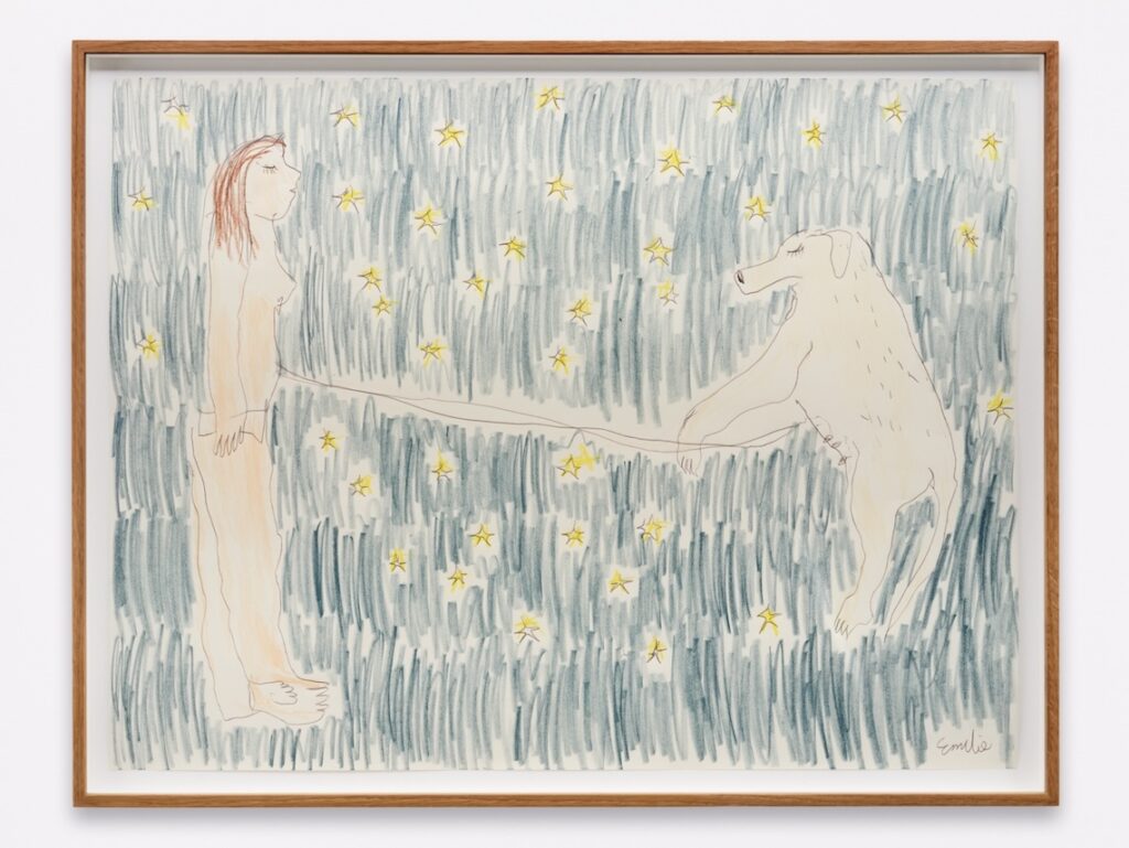 "Dogs and Humans Figure a Universe" is a colored drawing on white paper. The drawing is framed in oak. It shows Emilie and London floating together in an inky black cosmic night sky scattered with bright yellow stars. Emilie and London face each other, connected by an umbilical cord, symbolizing a deep, mother-child-like bond.