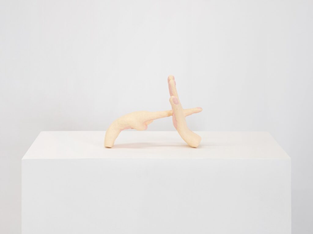 "Finger Through Palm" is a painted papier-mâché sculpture featuring two slightly oversized human hands. The back of each hand is painted in a peach-pink-beige color, while the palms are painted in a darker salmon shade. One hand is positioned as if it's being held up to receive a "high five," while the other hand is depicted as a folded hand with its pointer finger extended. This pointer finger passes through the palm of the first hand and emerges from the back of that hand.