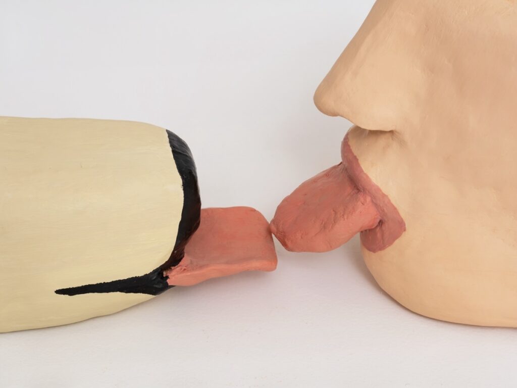 A closeup view of "French Kissing", focused on where the tips of the two pink tongues barely touch.