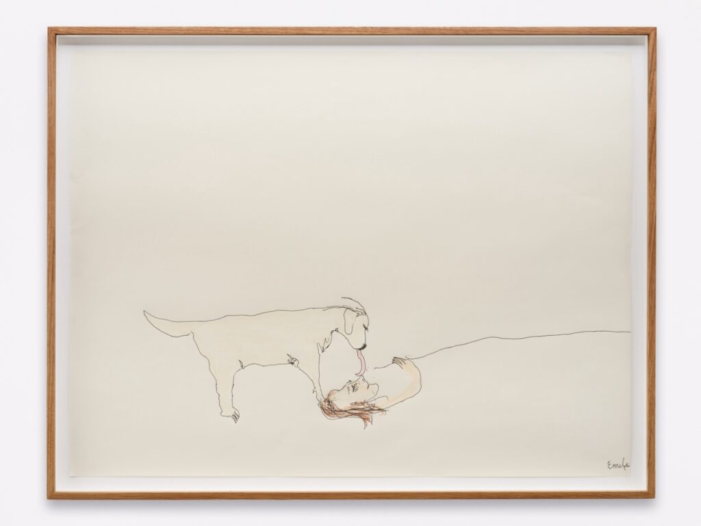 "Good Morning" is a colored drawing on white paper. The drawing is framed in oak. Created with ballpoint pen and crayon, the artwork features Emilie's head and her long brown hair peeking out from beneath a thin black line drawn across the page from her chin that suggests a blanket. London, whose blonde body extends across the opposite side of the page, stands over Emilie, with their heads positioned one above the other. London's long, pink tongue dangles down from her mouth, reaching out to give Emilie a warm lick to wake Emilie up.