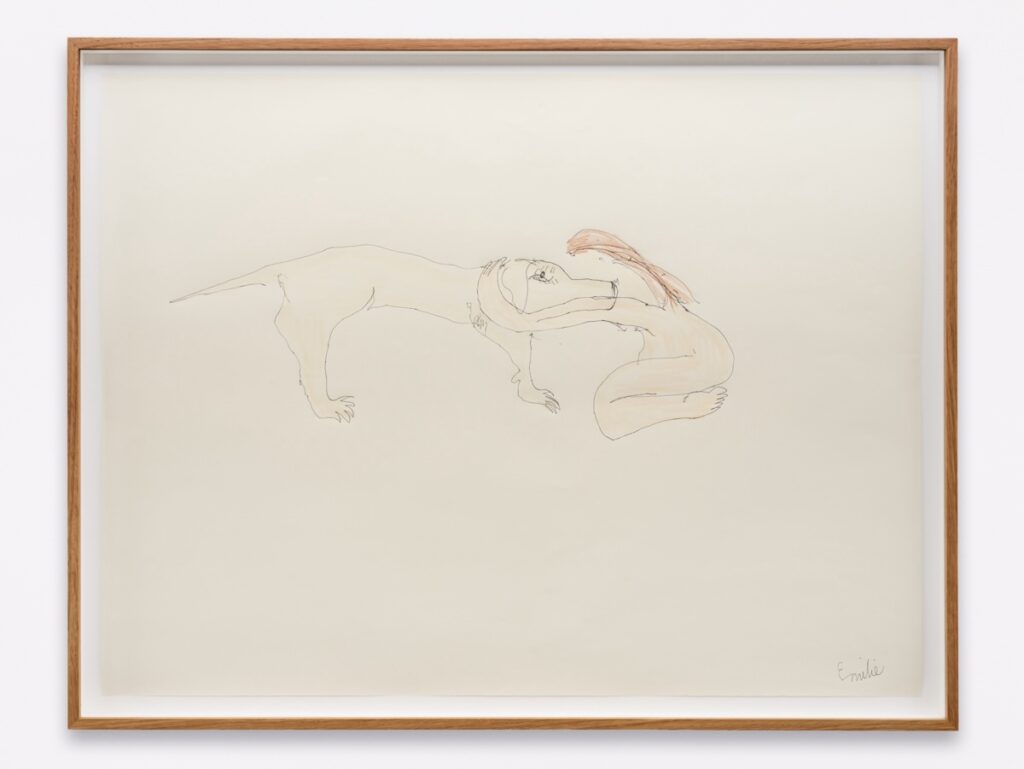 "Holding On" is a colored drawing on white paper. The drawing is framed in oak. Created with ballpoint pen and crayon, the artwork depicts Emilie, shown naked with a peachy-pink flesh tone, as she kneels on the ground, embracing London. Her head is buried in London’s white muzzle, while London gazes into Emilie’s eyes. The rest of the paper is left blank.