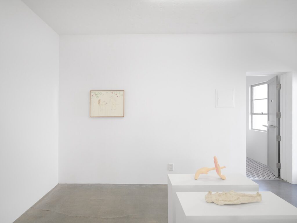 Installation shot of "Votives". A pair of white, rectangular plinths rise up from the bottom right corner. Behind the plinths, "The Gift", a framed drawing, hangs on the wall. Each plinth has a sculpture on it. In the top right corner, an open doorway offers a peak into the room beyond.