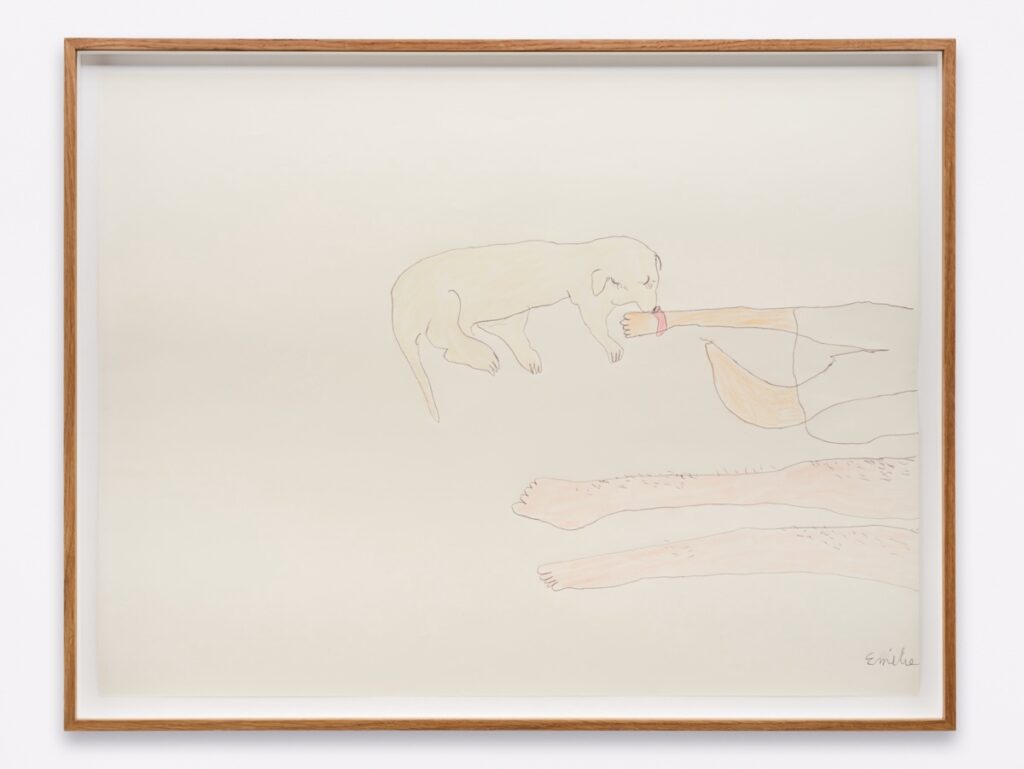 "On a Good Day You Can Feel My Love for You" is a colored drawing on white paper. It is framed in oak. It is made with a ballpoint pen and crayon. The drawing features two sets of human legs emerging from the right-hand edge of the paper. London, an English Labrador Retriever, sits next to the upper pair of legs, gently kissing one of the feet. The rest of the paper is left blank, creating a negative space that suggests a bed.