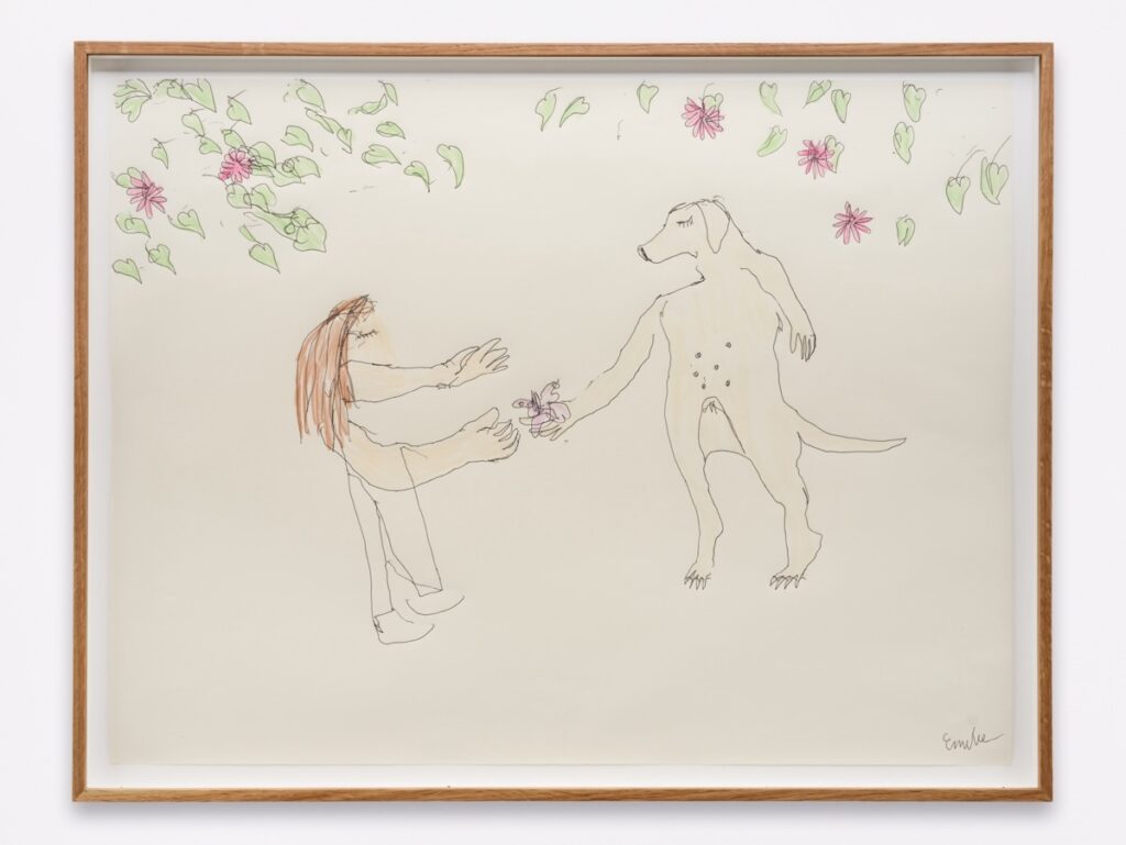 "The Gift" is a colored drawing on white paper and framed in oak. Created with ballpoint pen and crayon, the artwork depicts a fantastical scene. Under a canopy of green leaves and purple flowers, which fill the top of the picture, Emilie stands in the foreground with outstretched arms, awaiting a gift from London, an anthropomorphized blonde English Labrador Retriever. London, standing upright on her hind legs, extends a hand to offer Emilie a purple butterfly.