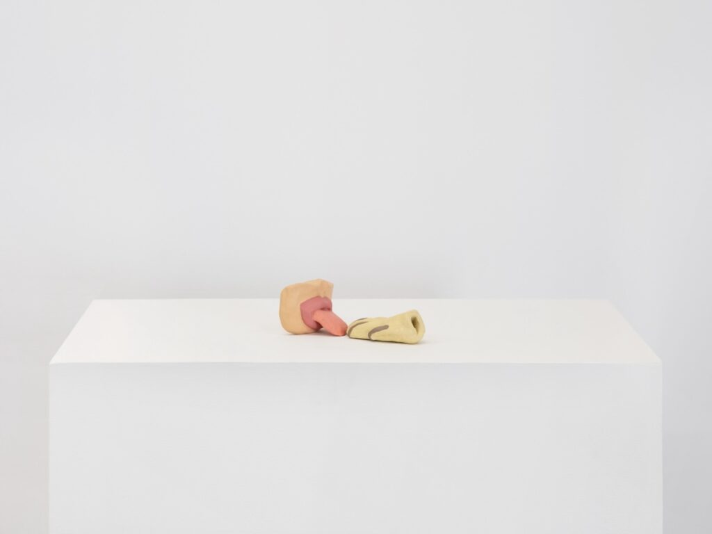 "Tongue and Paw" is a painted ceramic sculpture consisting of two parts. In this image, the part on the left depicts a human mouth and the face directly surrounding it with its tongue sticking out at a downward angle. On the right, a blond dog paw, cutoff at the wrist, sits directly in front of the extended tongue. The tongue barely grazes the dog paw.