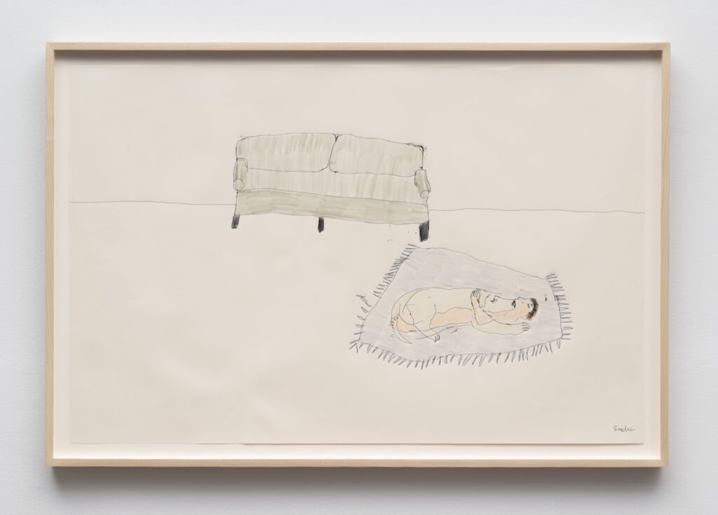 A minimalist drawing on cream-colored paper in a light wooden frame. Near the top center of the drawing, is a gray two-cushion sofa, with four short dark stubby legs. A single horizontal line runs behind it and extends across the width of the drawing. In the lower right area, a rectangular purple rug is drawn with short, sketchy fringe all around the edges. Emilie is lying on the rug, with London on top of them, completely blanketing Emilie’s body like a weighted blanket. Emilie’s arm is bent, and wrapped around London’s back and shoulders in an embrace. Emilie’s facial features and short dark hair are indicated with quick, simple lines. The rest of the paper is blank, emphasizing the sparse sofa and the solitary figures lying on the rug.