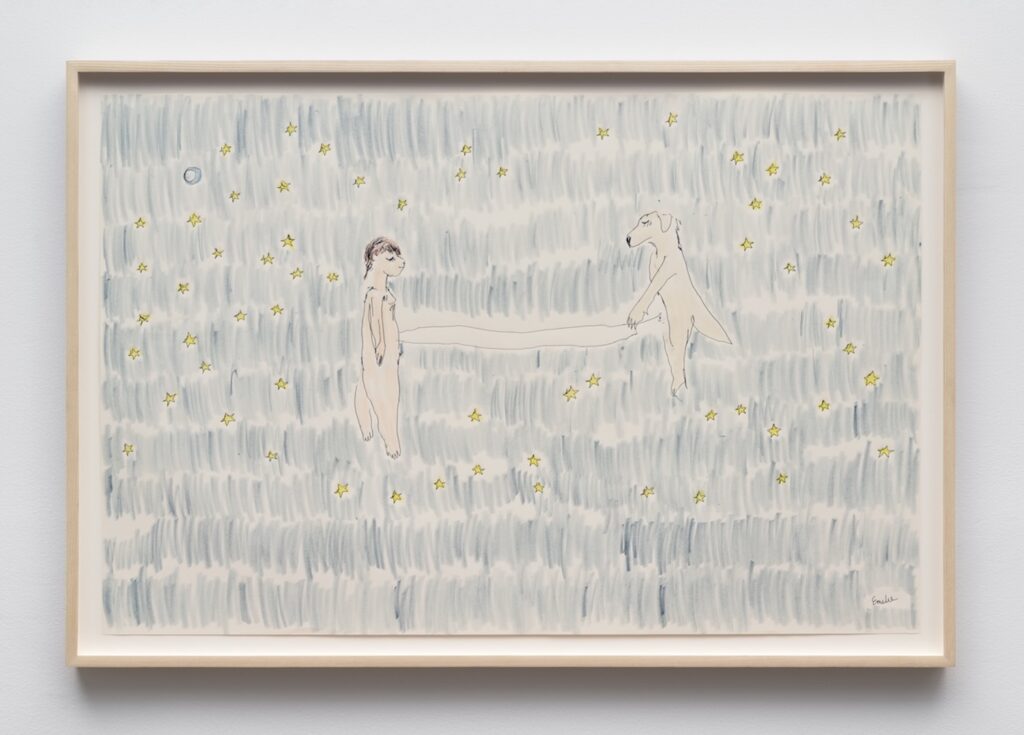 A colorful drawing in a light wooden frame. The background is filled with loose blue gray vertical strokes, creating a soft, wavy midnight sky. Scattered across this background are many small, hand-drawn yellow stars with black outlines and a single small blue circular Moon near the upper left. In the center two nude, pale peach-colored figures face each other. On the left is Emilie with short brown hair and simple facial features, standing upright with arms at the sides and bare feet slightly apart. On the right is London, floating upright with a long snout, floppy ears, and a tail, standing on her hind legs. A light pink umbilical like chord stretches between them, connecting from Emilie’s belly to London’s belly. The scene feels quiet and dreamlike, with the two figures floating among the blue strokes and yellow stars.
