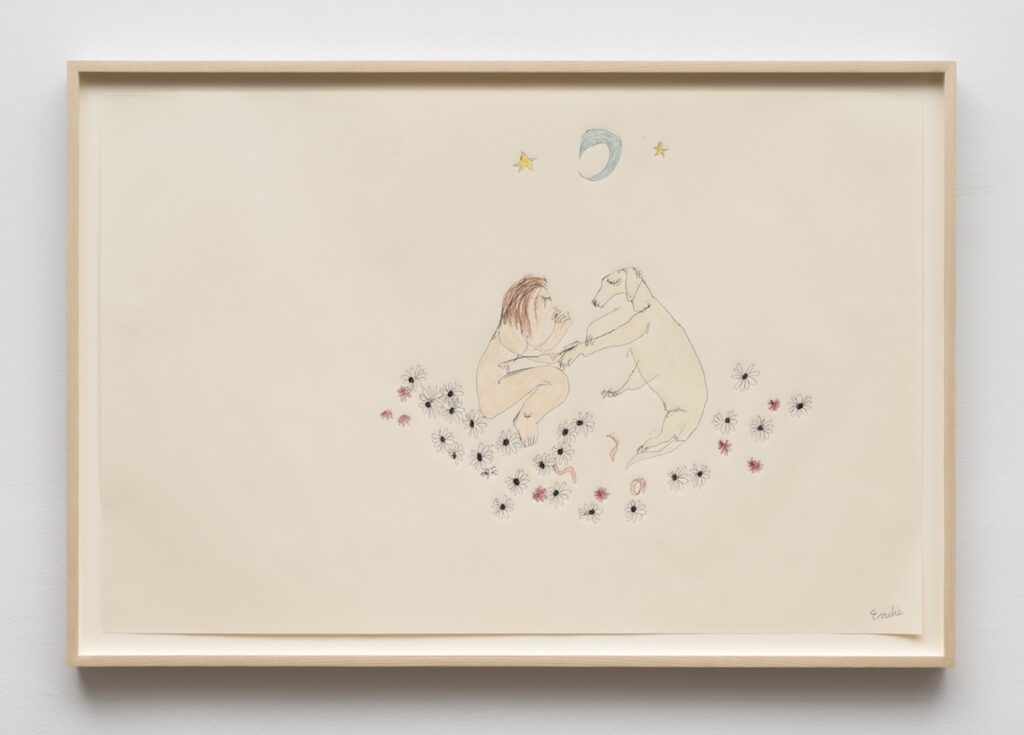 A simple line drawing on cream colored paper in a light wooden frame. In the lower middle of the page, is Emilie with peach skin and brown hair, lying on the ground with their knees pulled up to their chest. They are facing right towards London, a blonde English Labrador Retriever, who is lying on her side with front paws stretched out towards Emilie, as if their paws and hands are touching. Around them is a loose ring of red, black, and white daisy flowers, and thin pink worms wiggling amongst them. In the sky above, is a pale blue crescent moon with two yellow stars, one on each side of the moon.