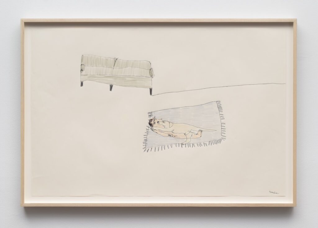 A minimalist drawing on cream-colored paper in a light wooden frame. Emilie and London are lying on the floor in the living room with a pale gray couch at the upper left area of the drawing. A horizontal line extends from the right side of the couch to the end of the paper, suggesting a floor. On the lower right area of the drawing, London lies on top of Emilie, with their heads on the left, and their legs and feet to the right. Beneath them is a grayish purple rug with fringes all around its edges.