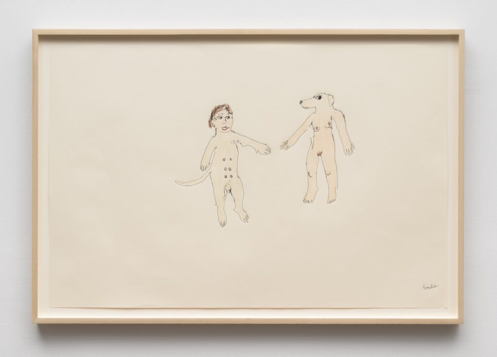 A simple line drawing in a light wooden frame of two nude, anthropomorphic figures in the center. On the left is Emilie with a dog’s body, with 4 nipples on their torso, dog arms and legs, and a long tail. Emilie has short brown hair, a friendly facial expression with open eyes and a small smile. The arms extend outward and slightly down, and the legs are apart. On the right is London with a woman’s body, with two breasts, a belly button, and pubic hair. Both figures are turned towards each other with their hands reaching towards the other.